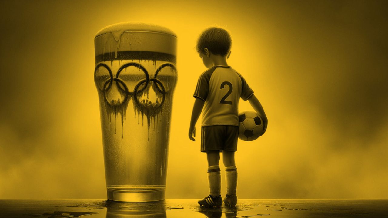 Ein Kind in Fußballkleidung mit einem Fußball unter dem Arm steht mit gesenktem Kopf vor einem gleich hohen gefüllten Bierglas, auf dem die Olympischen Ringe abgebildet sind.