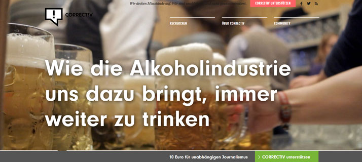 Screenshot der Correctiv-Website mit Beitrag zur Alkoholindustrie