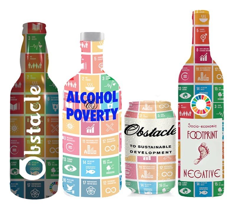 Stilisierte Flaschen aus den 17  nachhaltigen Entwicklungszielen mit der Beschriftung "Hindernis"