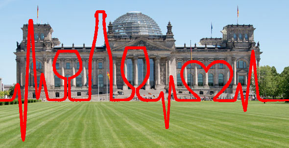 Reichtstagsgebäude mit Herzrhythmus-Kurve im Vordergrund