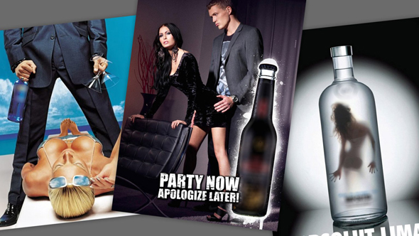 Collage aus drei sexualisierten Alkoholwerbungen