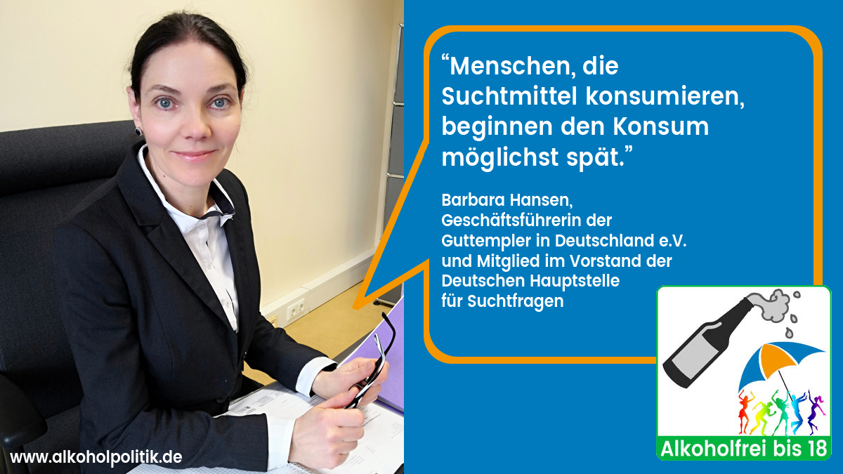 DHS-Vorstandsmitglied Barbara Hansen mit Zitat "Menschen, die Suchtmittel konsumieren, beginnen den Konsum möglichst spät."