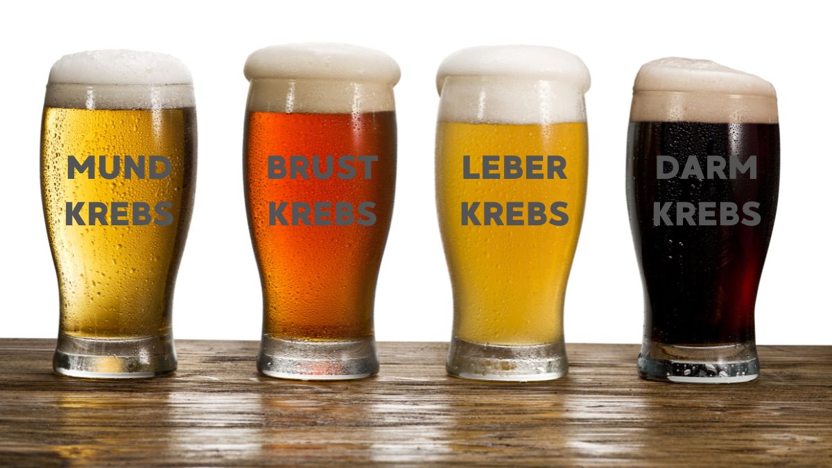 Vier Biergläser mit Aufschriften: Mundkrebs, Brustkrebs, Leberkrebs, Darmkrebs