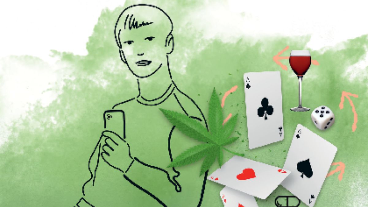 Zeichnung, die jungen Mann darstellt, mit Weinglas, Spielwürfel, Spielkarten, Cannabisblatt und Spritze