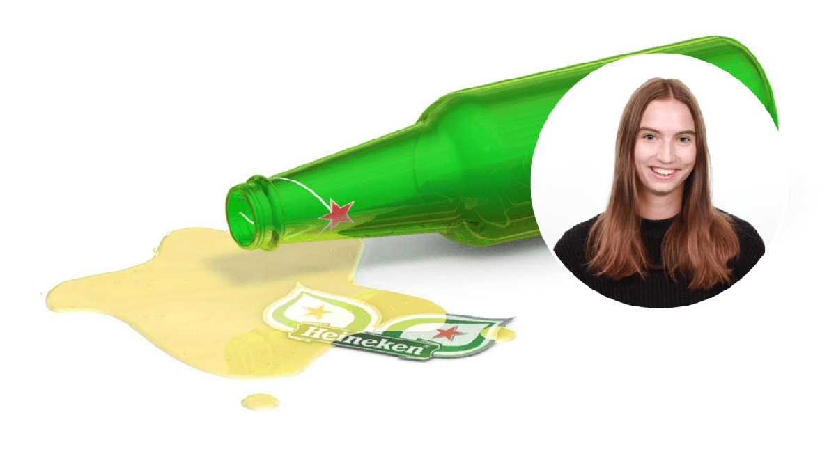 Leere Bierflasche mit Bierrestpfütze; darüber kreisförmiges Profilbild von Runa Neely