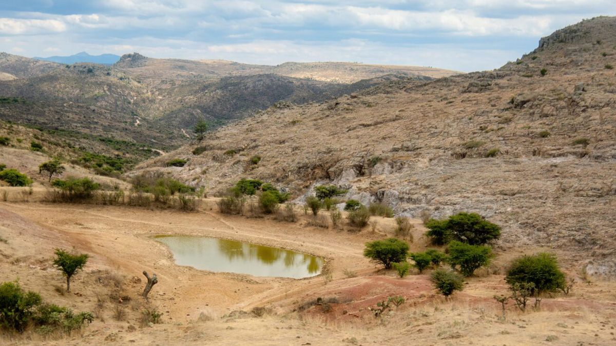 Nahezu ausgetrockneter Stausee in Doctor Mora, Guanajuato, im Nordosten Mexikos