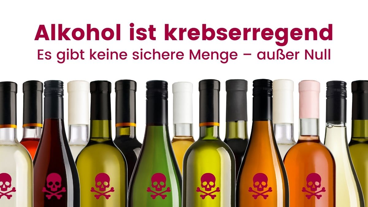 Weinflaschen mit Totenkopfemblemen. Darüber der Text: Alkohol ist krebserregend. Es gibt keine sichere Menge - außer Null.