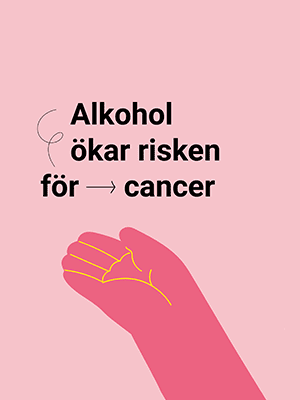 Rosa geöffnete Hand unter dem schwedischen Text 'Alkohol erhöht das Krebsrisiko'