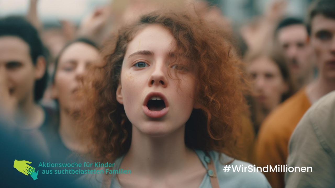 Porträt einer rufenden jungen Frau in einer Menschenmenge mit dem Logo der Aktionswoche für Kinder aus suchtbelasteten Familien und dem Hashtag 'Wir sind Millionen'.
