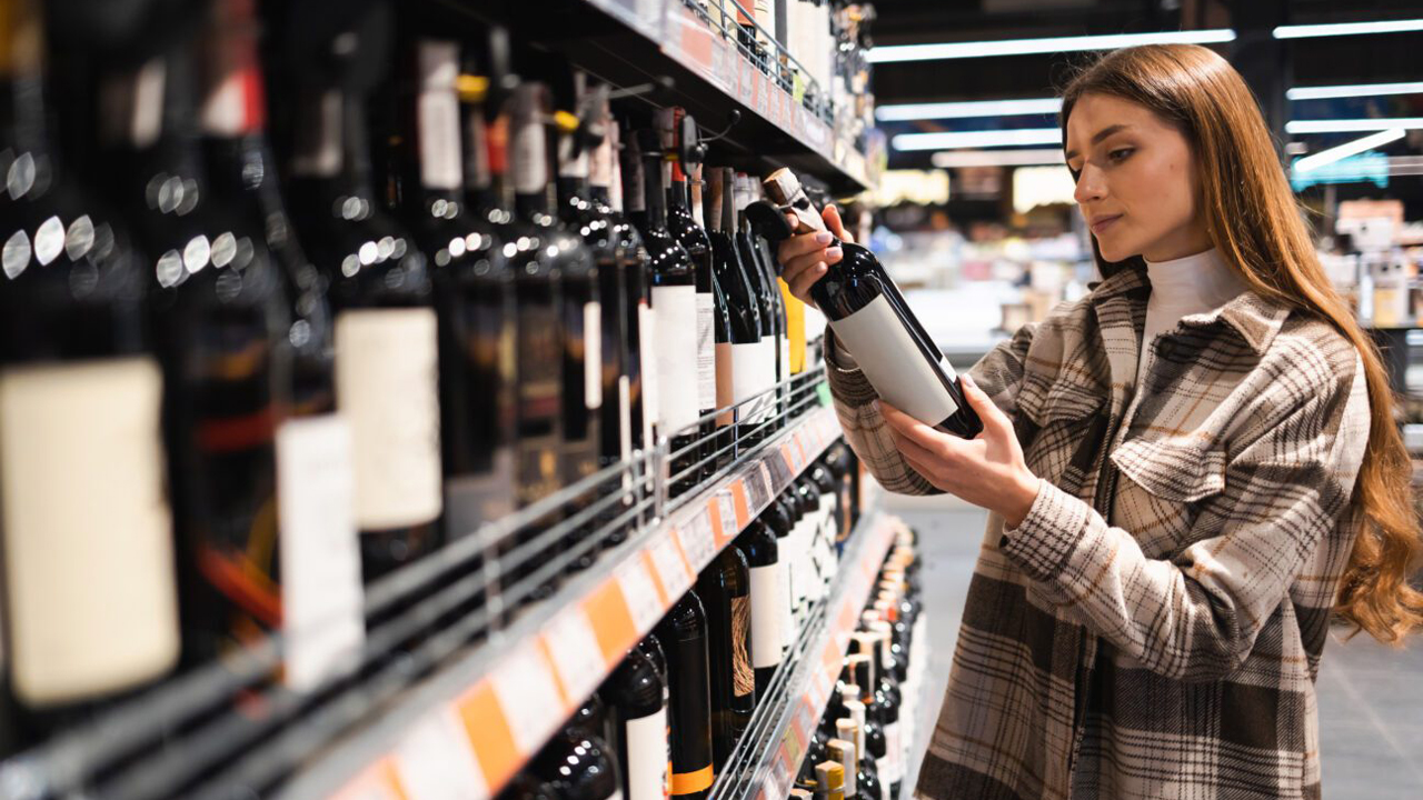 Frau wählt in einem Lebensmittelgeschäft eine Flasche Wein aus.