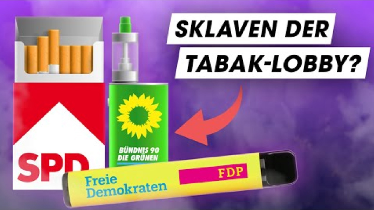 Zigarettenschachtel mit SPD-Logo, Tabakerhitzer mit dem Logo der Grünen/Bündnis90, E-Zigarette mit FDP-Logo. Darüber die Frage: Sklaven der Tabaklobby?