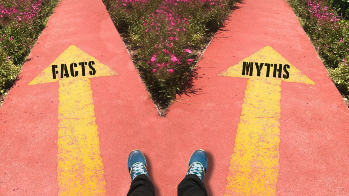 Zwei Füße stehen vor einer Weggabelung, die, mit gelben Pfeilen auf dem Boden markiert, links 'Fakten', rechts 'Mythen' anzeigt.