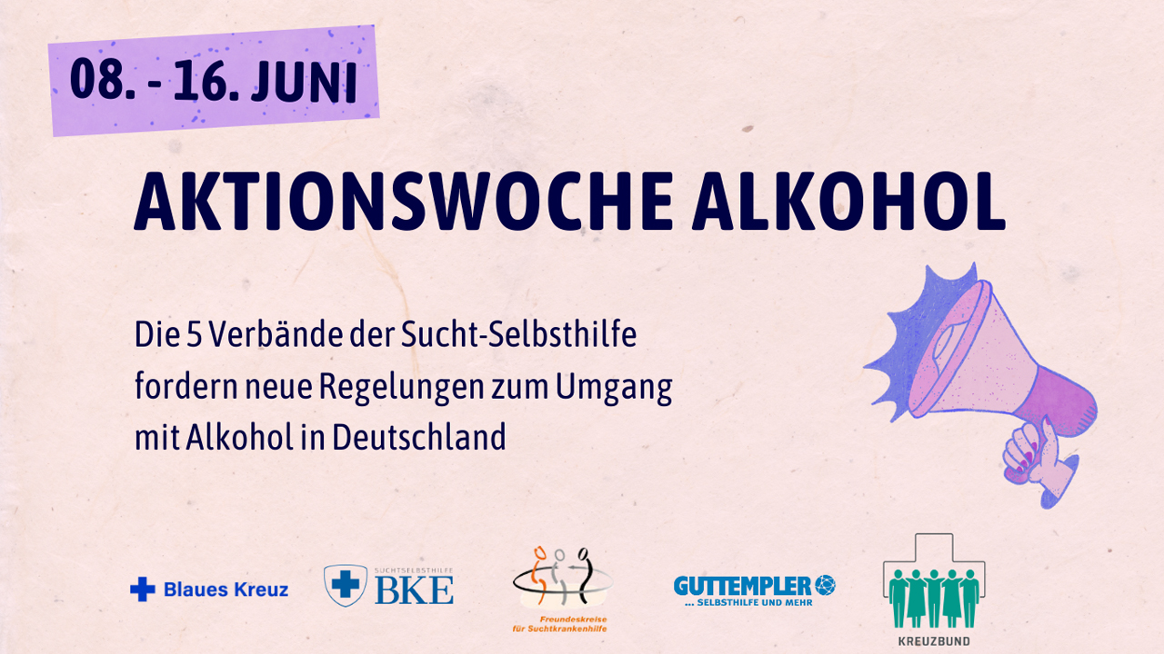 Schwarzer Text auf rosa Hintergrund: 8. bis 16 Juni Aktionswoche Alkohol. Die 5 Verbände der Sucht-Selbsthilfe fordern neue Regelungen zum Umgang mit Alkohol in Deutschland. Daneben ein schallendes Megafon. Darunter die Logos der beiden Blauen Kreuze, der Freundeskreise, der Guttempler sowie des Kreuzbunds.