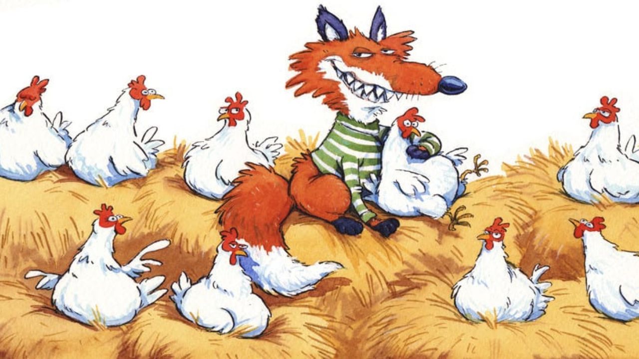 Cartoon, in dem ein Fuchs hämisch grinsend eins von neun Hühnern im Arm hält.