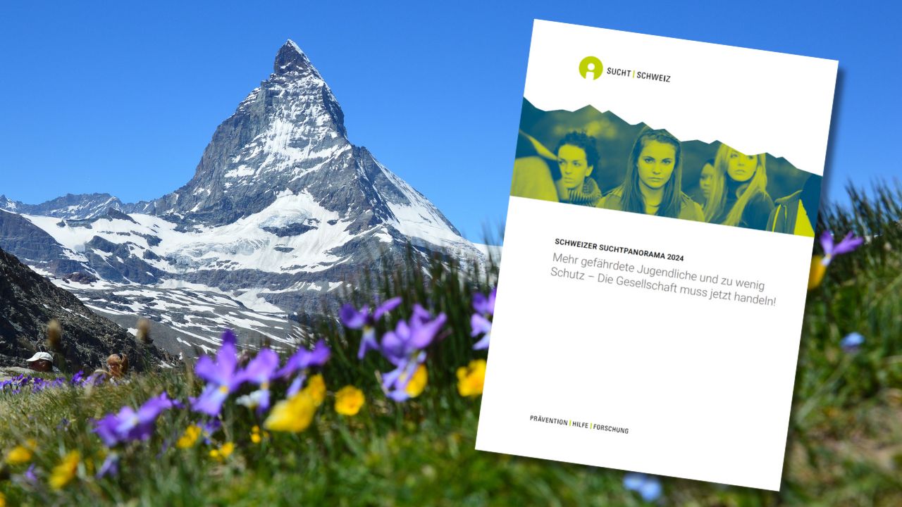 Blick über eine Blumenwiese auf das Matterhorn. Darin eingeblendet die Titelseite des Schweizer Suchtpanoramas 2024.