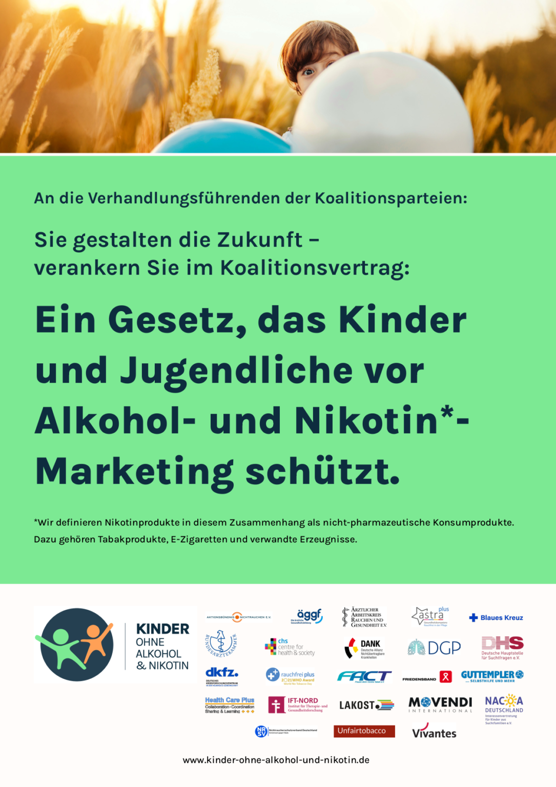 Appell an die Verhandlungsführenden der Koalitionsparteien: Verankern Sie im Koalitionsvertrag ein Gesetz, das Kinder und Jugendliche vor Alkohol- und Nikotin-Marketing schützt.