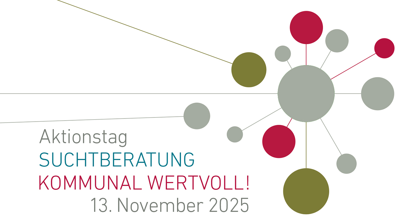 Logo zum Aktionstag 'Suchtberatung – kommunal wertvoll!' am 13. November 2025. Links steht der Veranstaltungstitel in grauer, blauer und roter Schrift. Rechts sind verschieden große, farbige Kreise (grau, olivgrün und rot) durch feine Linien miteinander verbunden und bilden ein Netzwerk-Motiv.