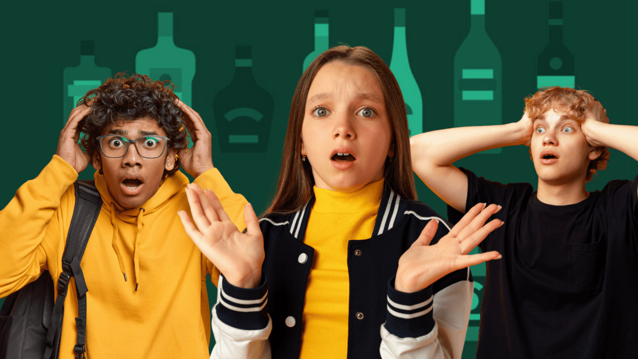 Drei Teenager mit schockierten Gesichtsausdrücken vor einem grünen Hintergrund mit Silhouetten von Alkoholflaschen.