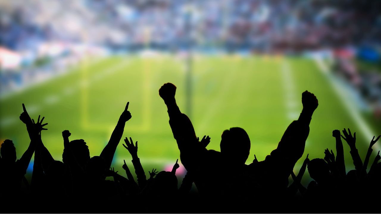 Silhouetten jubelnder Fußballfans mit erhobenen Fäusten und Fingern vor einem unscharfen, grünen Stadionhintergrund.