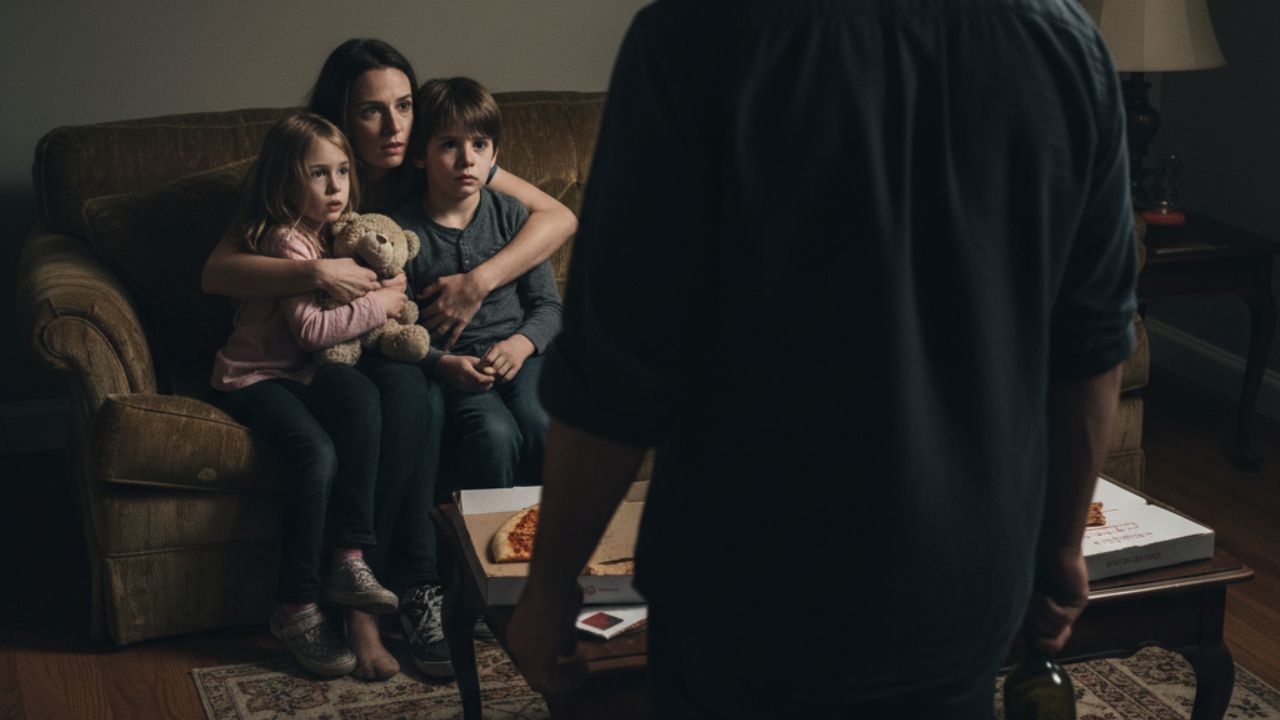 In einem düster beleuchteten Wohnzimmer hält eine Frau zwei Kinder schützend im Arm, beide blicken besorgt auf einen Mann, der mit dem Rücken zur Kamera steht und eine Flasche in der Hand hält.