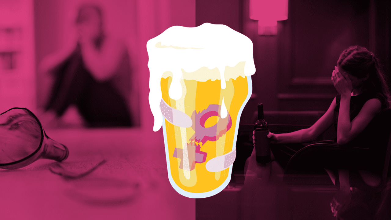 Stilisiertes, schaumgekröntes Bierglas mit Pflastern und weiblichen Symbolen im Vordergrund; im pink eingefärbten Hintergrund links eine Frau verzweifelt auf dem Boden sitzend, rechts eine andere weinend mit einer Weinflasche in der Hand.