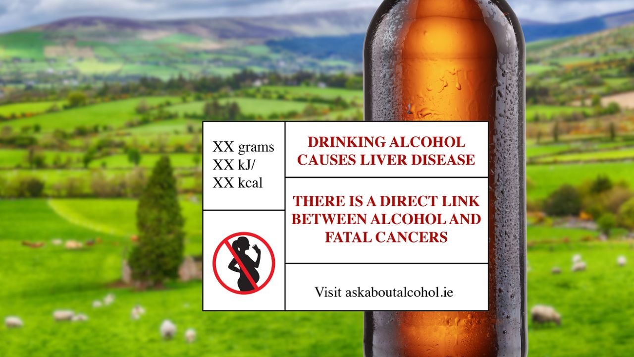Eine Nahaufnahme einer bernsteinfarbenen Flasche mit Kondenswasser, die teilweise auf der rechten Seite des Bildes zu sehen ist. Auf einem weißen Etikett auf der Flasche stehen in roter Schrift Warnhinweise: 'DRINKING ALCOHOL CAUSES LIVER DISEASE' und 'THERE IS A DIRECT LINK BETWEEN ALCOHOL AND FATAL CANCERS'. Links davon sind Platzhalter für Nährwertangaben und ein rotes Verbotsschild mit der Silhouette einer schwangeren Frau zu sehen. Am unteren Rand des Etiketts steht 'Visit askaboutalcohol.ie'. Der Hintergrund zeigt eine weite, grüne, hügelige Landschaft mit grasenden Schafen und vereinzelten Bäumen unter einem bewölkten Himmel.