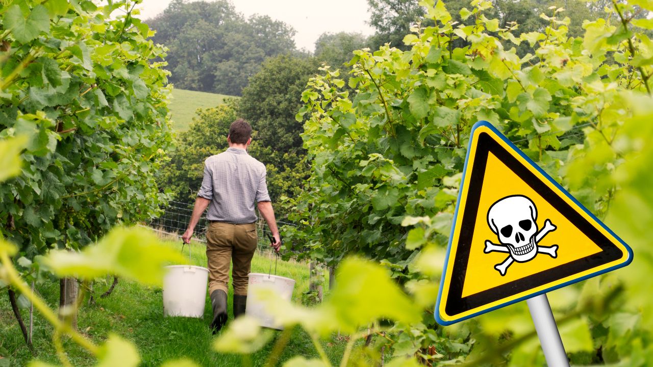 Landarbeiter trägt zwei weiße Eimer durch Reihen grüner Weinreben; im Vordergrund warnt ein gelbes Totenkopf-Schild vor Giftgefahr.