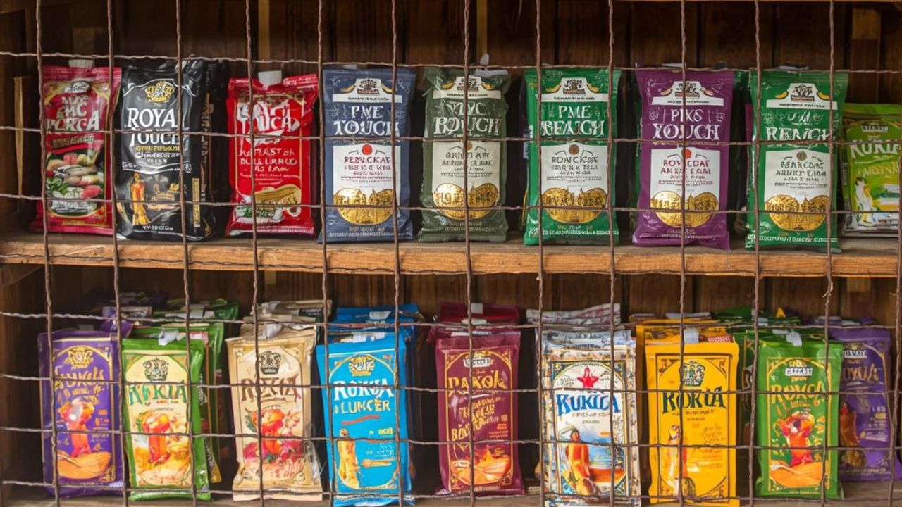 Reihen verschiedener alkoholischer Getränke, die in kleinen Beuteln (Sachets) verpackt sind und hinter Drahtgitter an einer hölzernen Regalwand hängen. Diese Art der Verpackung wird häufig in afrikanischen Ländern verwendet.