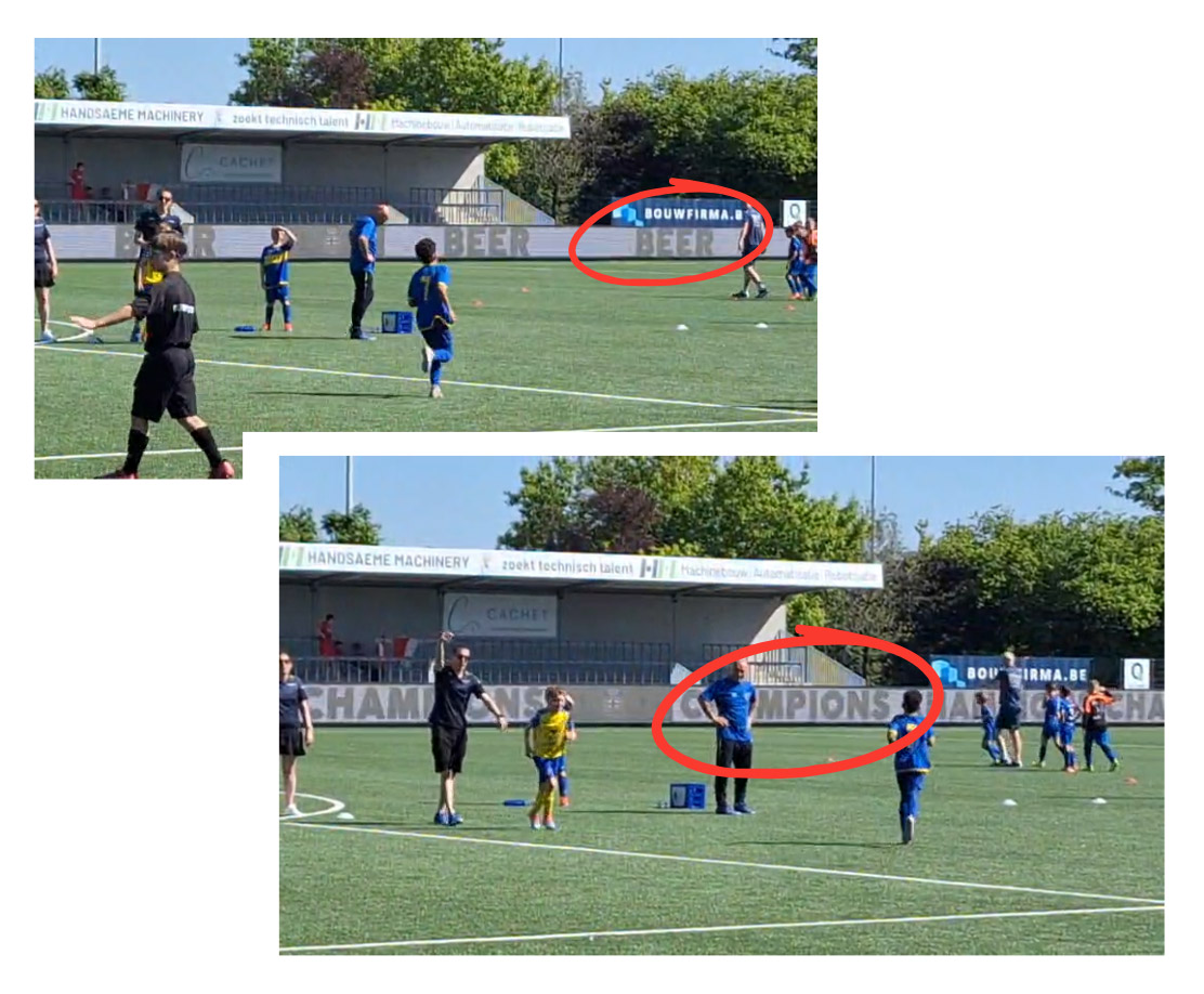 Collage aus zwei Bildern eines Kinderfußballspiels bei Sonnenschein auf einem Kunstrasenplatz. Kinder in blau-gelben Trikots und Trainer sind auf dem Feld. Im Hintergrund ist eine Tribüne mit Werbung. Ein roter Kreis markiert die digitale Bandenwerbung, die im oberen Bild das Wort 'BEER' und im unteren Bild das Wort 'CHAMPIONS' zeigt.
