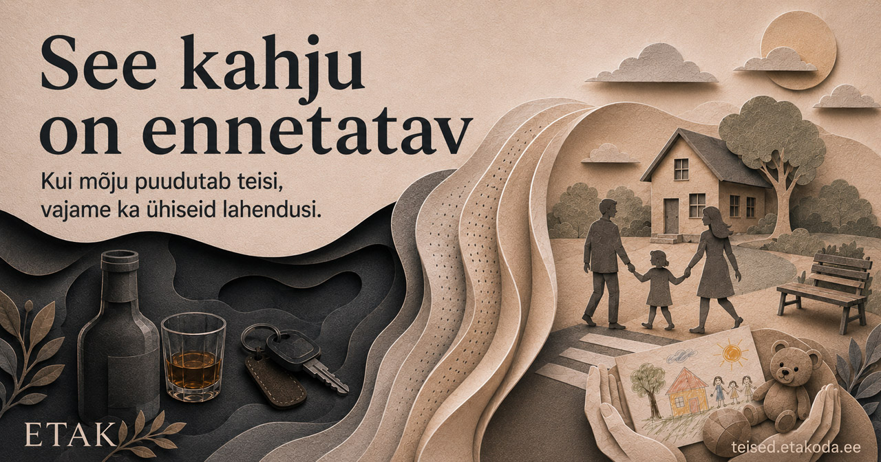 Papierschnitt-Illustration einer estnischen Präventionskampagne (ETAK): Links eine düstere Szene mit Schnapsflasche, Whiskyglas und Autoschlüsseln auf dunklem Grund. Rechts eine helle, idyllische Szene mit einer Familie (Vater, Mutter, Kind), die Händchen haltend vor einem Haus spazieren, daneben eine Kinderzeichnung und ein Teddybär. Überschrift: 'See kahju on ennetatav' (Dieser Schaden ist vermeidbar). Untertitel: 'Wenn Alkohol andere betrifft, brauchen wir gemeinsame Lösungen.' Die Bildmitte zeigt wellenförmige Papierschichten, die die beiden Welten trennen und verbinden.