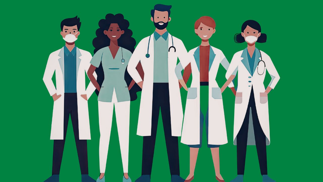 Illustration eines diversen Teams aus fünf medizinischen Fachkräften in weißen Kitteln und OP-Kleidung. Einige von ihnen tragen ein Stethoskop und eine Gesichtsmaske. Sie stehen selbstbewusst vor einem grünen Hintergrund.