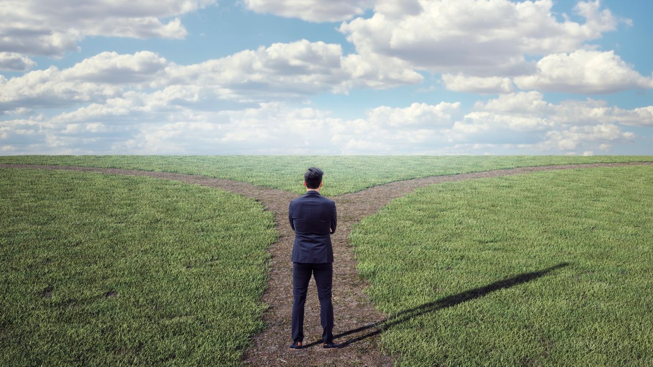 Ein Mann im Anzug steht auf einer grünen Wiese und blickt auf einen sich gabelnden Weg unter einem blau-weißen Wolkenhimmel.