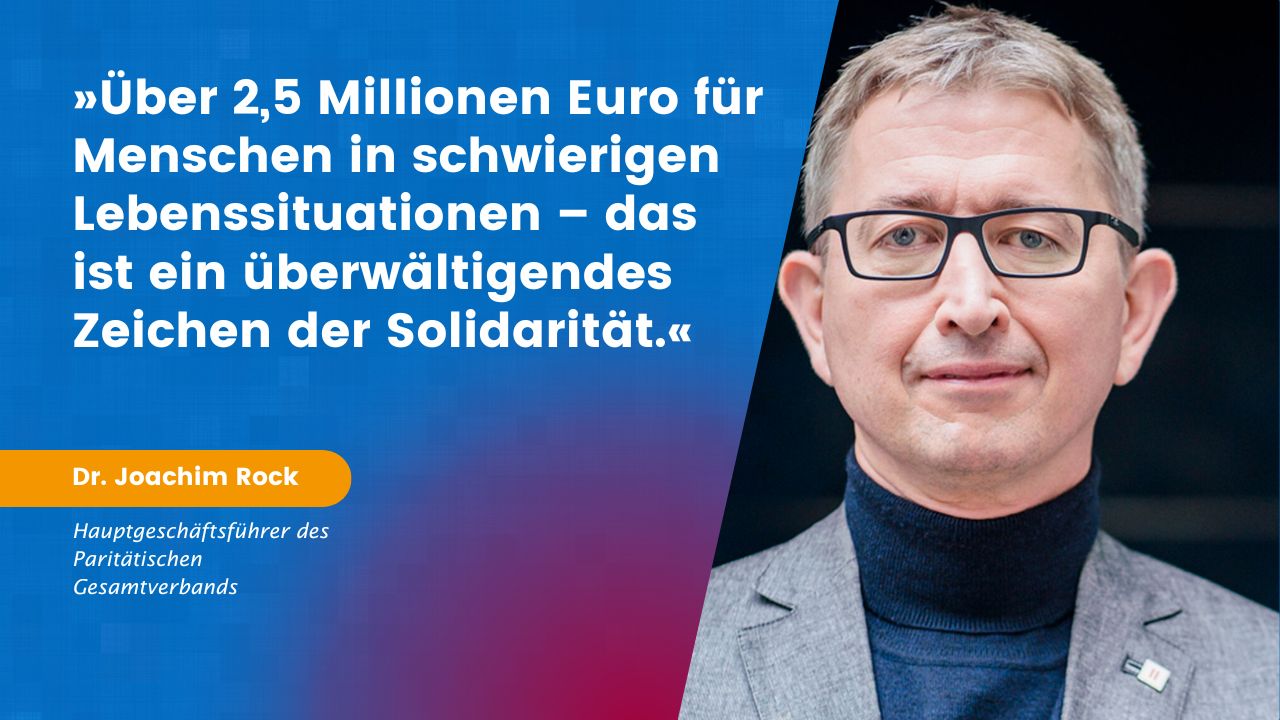 Porträt von Dr. Joachim Rock, Hauptgeschäftsführer des Paritätischen Gesamtverbands, neben seinem Zitat: Über 2,5 Millionen Euro für Menschen in schwierigen Lebenssituationen – das ist ein überwältigendes Zeichen der Solidarität.