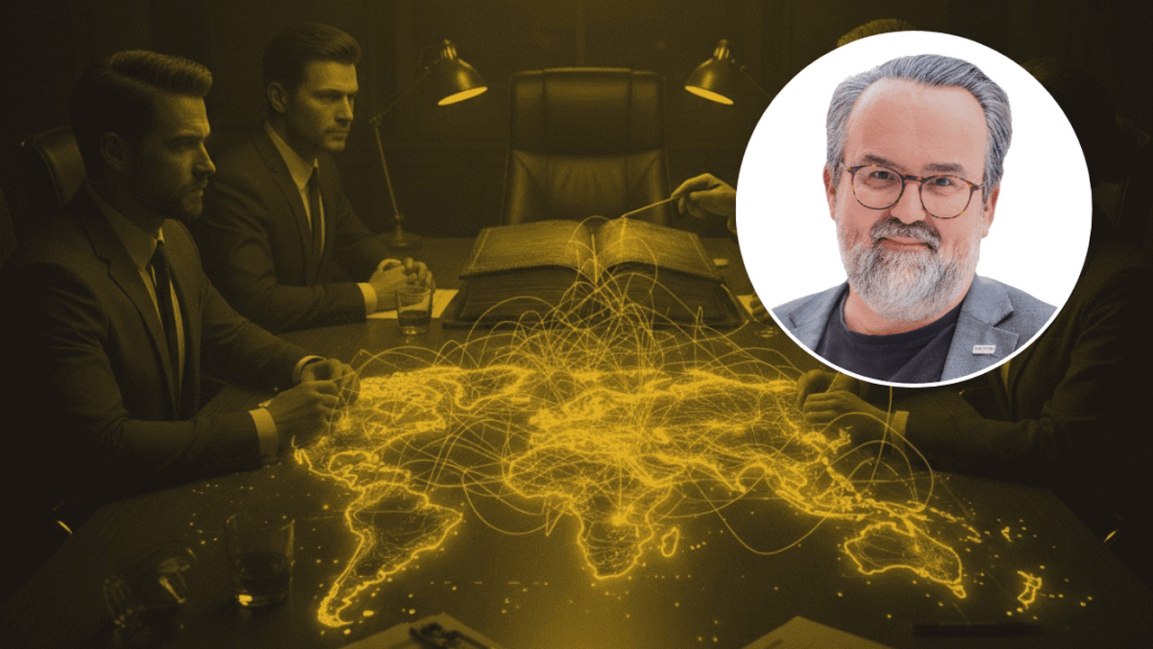 Porträt vom lächelnden Autor Pierre Andersson mit Bart und Brille. Im Hintergrund sitzen Geschäftsleute an einem Tisch mit einer leuchtenden holografischen Netzwerk-Weltkarte.