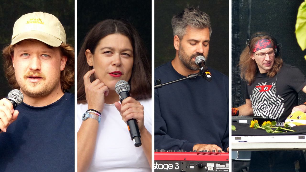 Bildcollage mit vier Personen bei einer Veranstaltung: Ein Mann mit heller Kappe und Bart spricht in ein Mikrofon, eine Frau mit dunklen Haaren und rotem Lippenstift hält ebenfalls ein Mikrofon, ein grauhaariger Mann singt an einem Keyboard, und im letzten Bild legt eine Person mit Kopfhörern und Bandana an einem DJ-Pult auf.