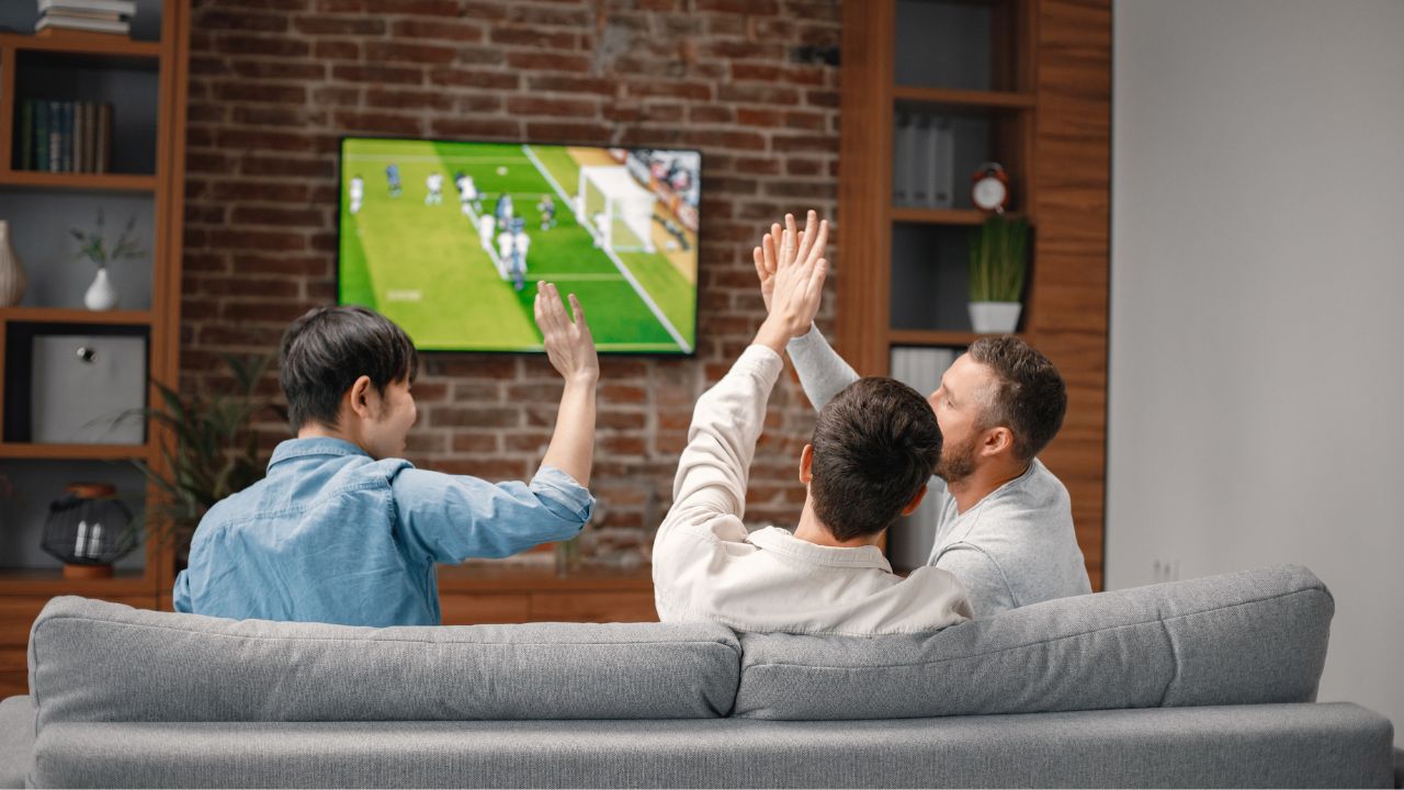 Rückansicht von männlichen Freunden, die sich zu Hause versammelt haben, um ein Fußballspiel anzuschauen. Die Männer sitzen auf dem Sofa vor dem Großbildfernseher. Sie feuern ihre Lieblingsmannschaft begeistert an und kommentieren das Spiel.