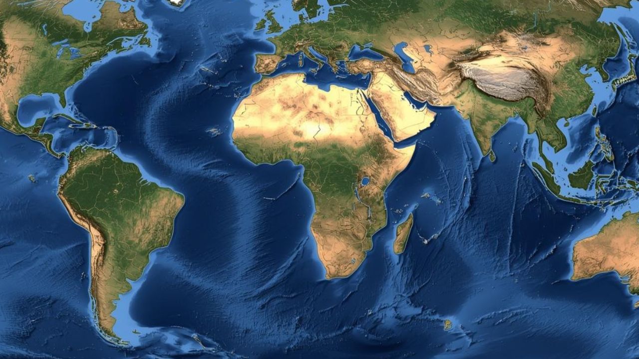 3D-Relief-Weltkarte, zentriert auf den Atlantischen Ozean. Sie zeigt Nordamerika, Südamerika, Europa, Afrika und Westasien. Die Karte hat topographische Schattierung: grün für bewachsene Gebiete, braun/wüstenfarben für trockene Regionen, tiefblau für Ozeane. Die Karte ist KI-generiert.