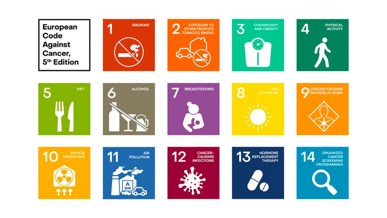 Infografik der 5. Auflage des Europäischen Kodex gegen Krebs. Die Grafik stellt die 14 Empfehlungen des Kodex übersichtlich dar: Jede Empfehlung ist in einem farbigen Kasten mit Nummer, Thema und passendem Piktogramm abgebildet.