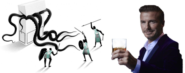 Beckham mit Whyisky-Glas, Zigarettenschactel aus der sich Schlangen herauswinden, die von Jägern bekämpft werden