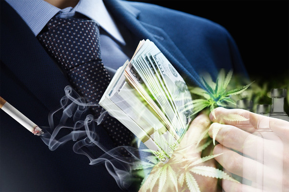 Bildmontage aus Geschäftsmann, Geldscheinen, Cannabispflanzen, Tabakrauch