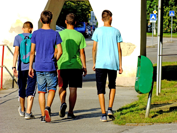 Rückenansicht von vier Jungen auf Fußweg