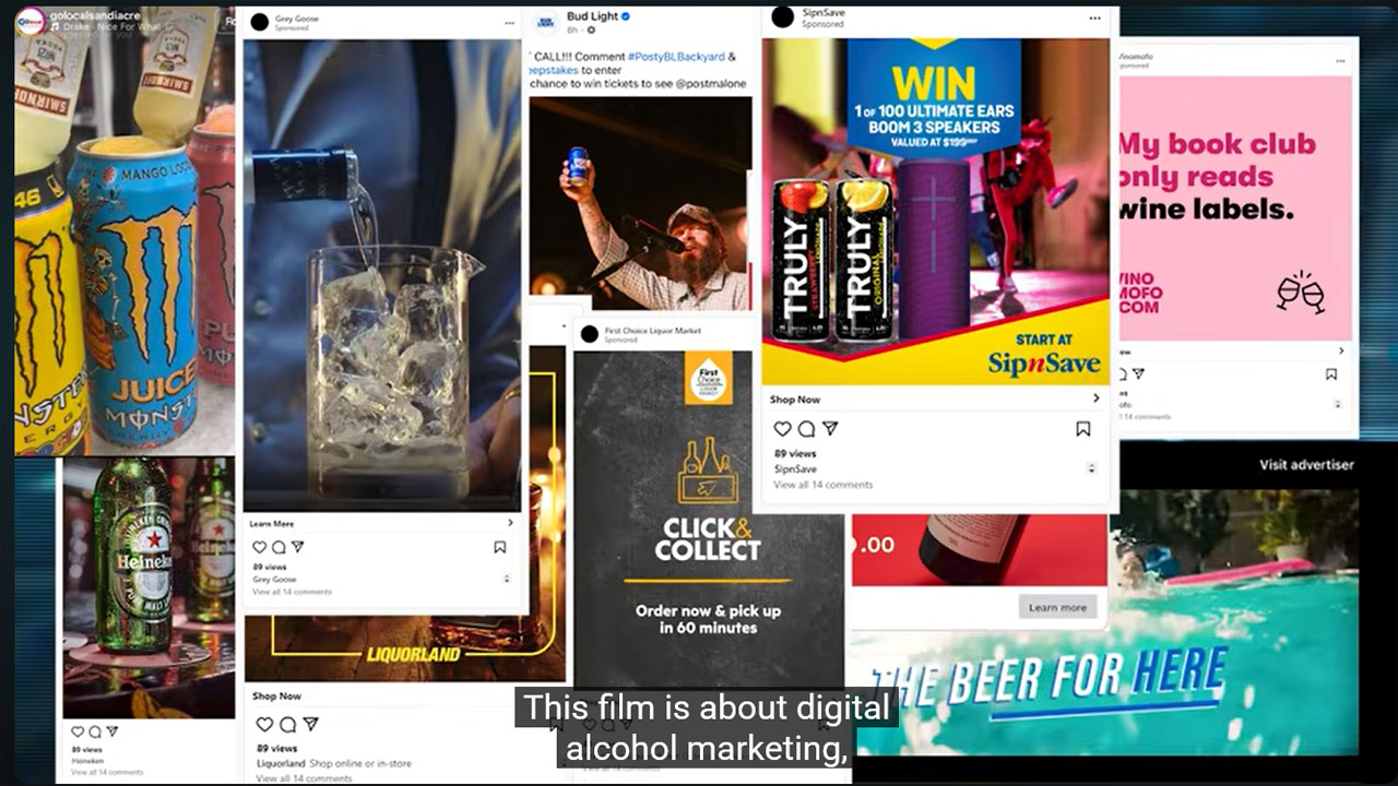 Eine Bildschirmaufnahme, die eine Überlappung mehrerer Social-Media-Posts zeigt, in denen für Alkohol wie Bier, Seltzer und Spirituosen geworben wird. Unten in der Mitte steht der englische Untertitel: 'This film is about digital alcohol marketing.'