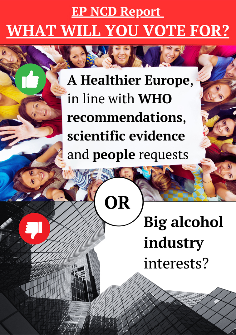 Flyer von Eurocare mit der Frage: Wie werden Sie abstimmen? Für eing gesünderes Europa in Übereinstimmung mit WHO-Empfehlungen, wissenschaftlichen Erkenntnissen und dem Bürgerwillen ODER für die Interessen der Alkoholindustrie?