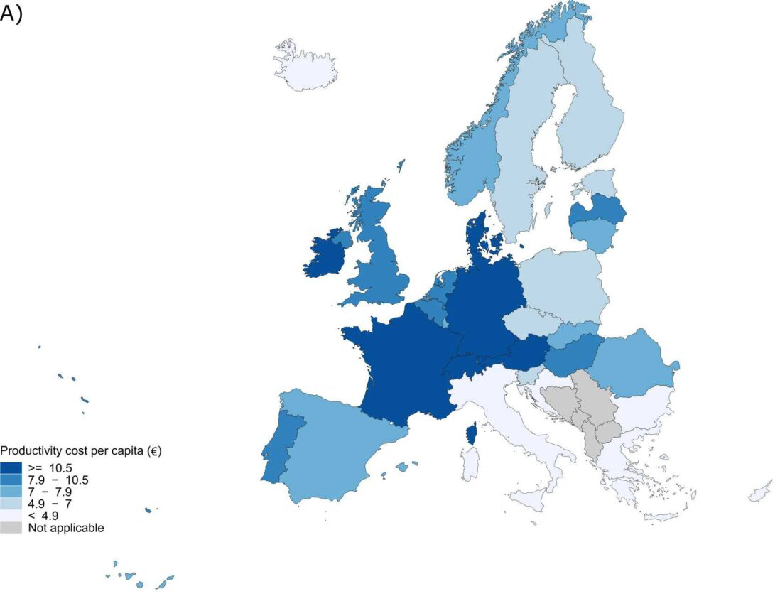Produktivitätsverluste durch vorzeitigen Tod aufgrund von alkoholbedingten Krebserkrankungen in den 27 Ländern der Europäischen Union sowie in Island, Norwegen, der Schweiz und dem Vereinigten Königreich im Jahr 2018: Produktivitätskosten des vorzeitigen Todes durch alkoholbedingten Krebs pro Kopf (€)
