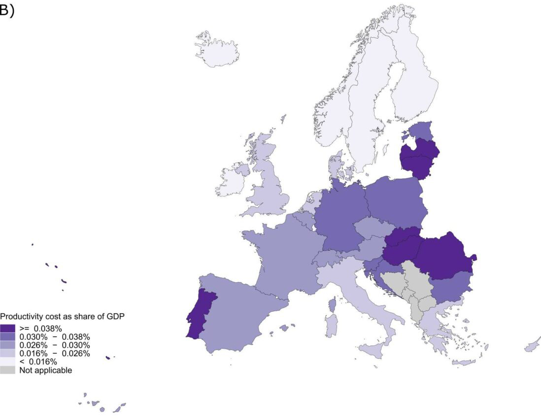 Produktivitätsverluste durch vorzeitigen Tod aufgrund von alkoholbedingten Krebserkrankungen in den 27 Ländern der Europäischen Union sowie in Island, Norwegen, der Schweiz und dem Vereinigten Königreich im Jahr 2018: Kosten des Produktivitätsverlusts als Anteil des nationalen Bruttoinlandsprodukts (BIP, %)