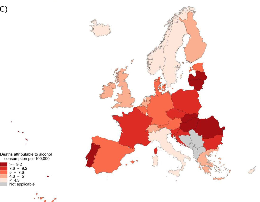 Produktivitätsverluste durch vorzeitigen Tod aufgrund von alkoholbedingten Krebserkrankungen in den 27 Ländern der Europäischen Union sowie in Island, Norwegen, der Schweiz und dem Vereinigten Königreich im Jahr 2018: Rohrate des vorzeitigen Todes durch alkoholbedingten Krebs pro 100.000 Menschen