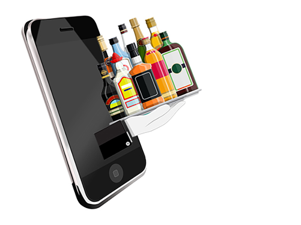 Smartphone, aus dem eine Hand ein Tablett mit Alkoholflaschen trägt