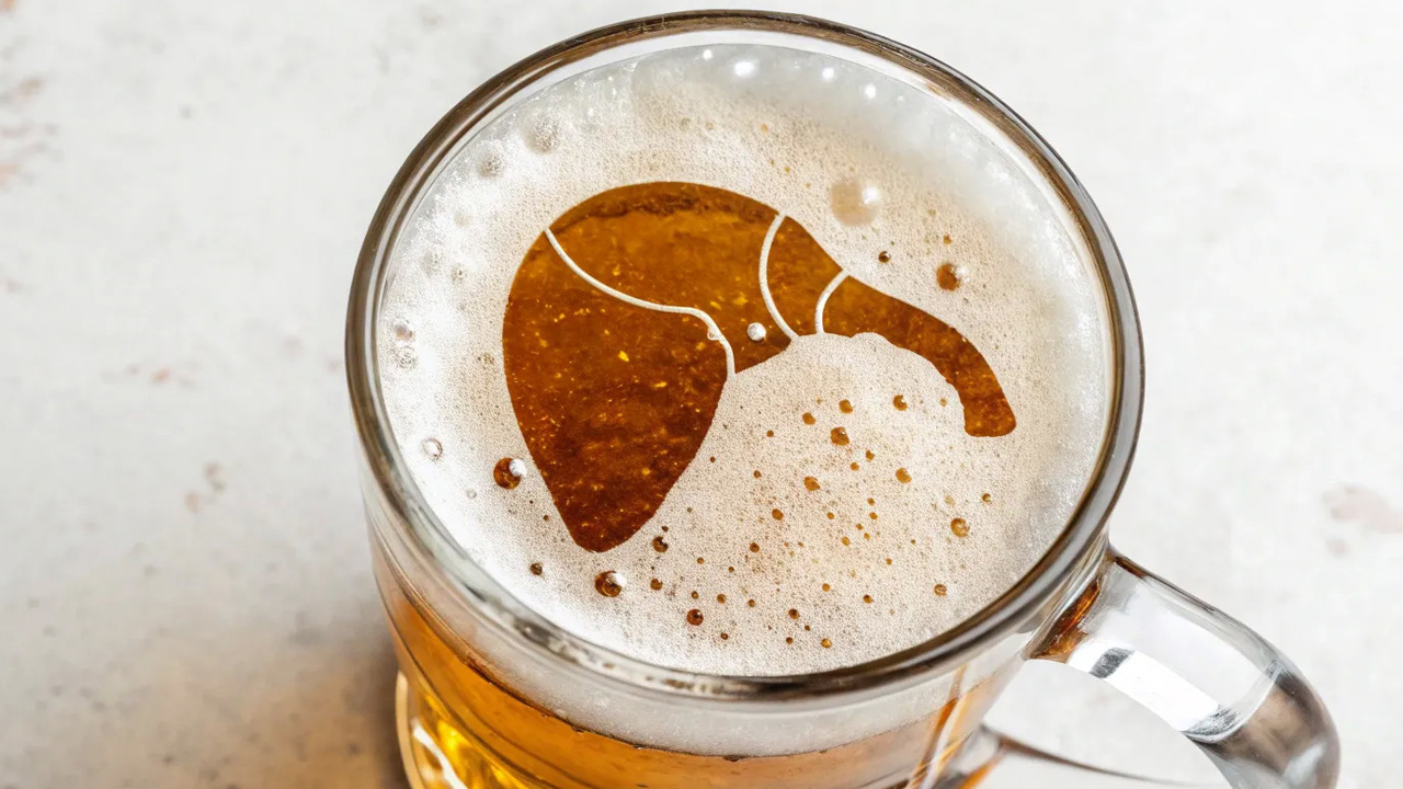 Draufsicht auf einen Bierkrug, dessen Schaumkrone die Form einer menschlichen Leber ausspart und das darunterliegende goldene Bier freilegt – ein Symbol für die Auswirkungen von Alkohol auf die Leber. Das Bild wurde mit einer KI generiert.