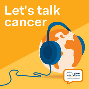 Grafik einer Weltkugel mit Kopfhörer. Dazu der englische Text: Let's talk cancer.