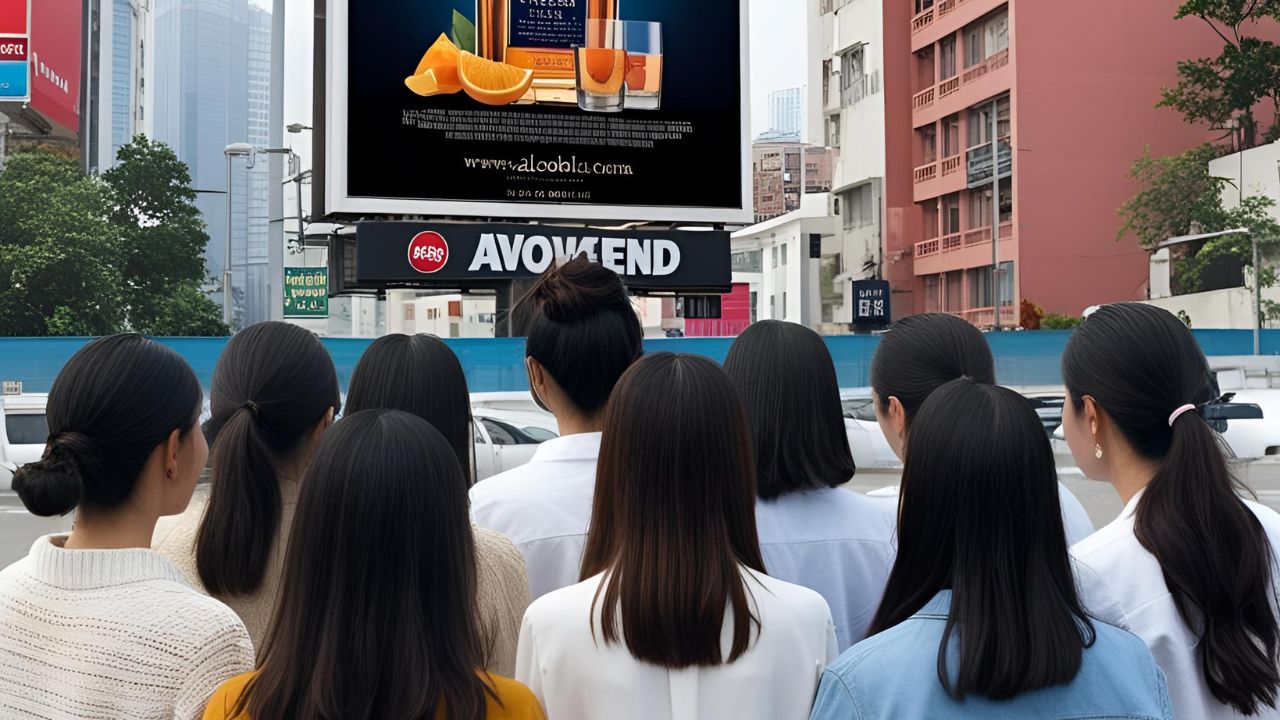 Eine Gruppe von Menschen von hinten betrachtet eine große Reklametafel in einer Stadt, die Werbung für ein alkoholisches Getränk zeigt. Das Bild wurde von einer KI generiert.